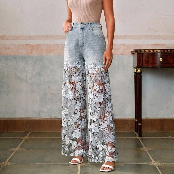 MODA ME COUTURE Denim - Blue Boho Women's Lace Rhinestone Straight Leg Pants